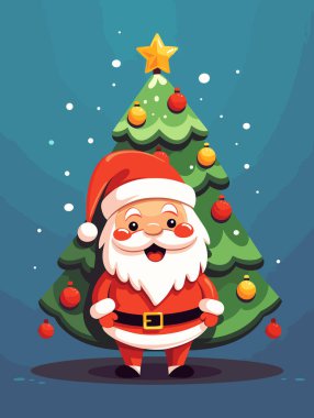 Beyaz arka planda Noel ağacı ve Noel Baba. Geçmiş yılbaşı kartı için vektör illüstrasyonu.