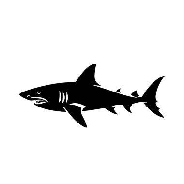 Siyah bir siluet köpekbalığının vektör çizimi. İzole edilmiş beyaz arka plan. Simge balığı yan görünüm profili.