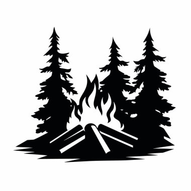 Kamp ateşi ikonu. Yakacak odun tabelasında şenlik ateşi yanıyor. Vektör.