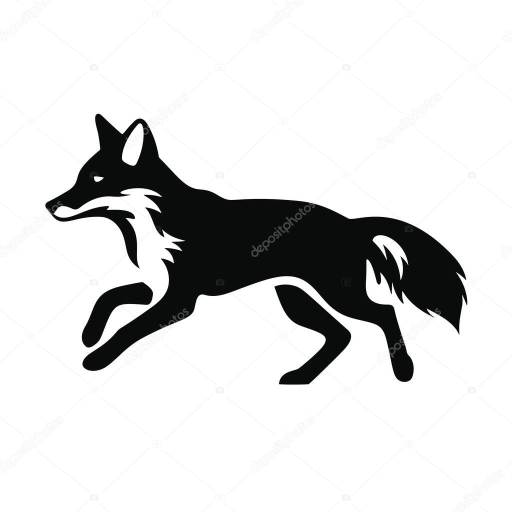 Vector black silhouette of fox jumping isolated on white background