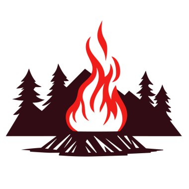 Kamp ateşi ikonu. Yakacak odun tabelasında şenlik ateşi yanıyor. Vektör.