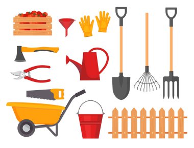 Bahçe aracı vektör bahçe ekipmanları tırmık veya kürek ve çim biçme makinesi çiftçi koleksiyonu veya çiftçilik seti örnekleme beyaz arka plan izole
