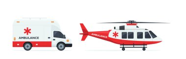Ambulans helikopter ve ambulans araba. yaralı ve hasta insanların hastaneye ulaşım hava ve kara ulaşım. Beyaz arka plan üzerinde izole nesneleri. Vektör çizim.