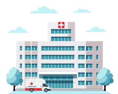 Tıbbi hastane dış şehir peyzaj ve ambulans araba ile bina. Vektör çizim.
