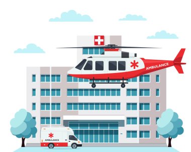 Hastane binasının tıbbi konsepti düz stil. Hastane binası, ambulans arabası ve helikopter beyazda izole edilmiş. Ambulans ve helikopterle şehir hastanesi binası düz tasarlanmış. vektör.