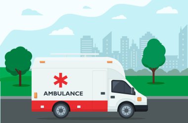 Ambulans hastaneye doğru yola çıktı. Şehrin arka planı ve ağaçların manzarası. Tıbbi konsept düz tasarım. Vektör illüstrasyonu.