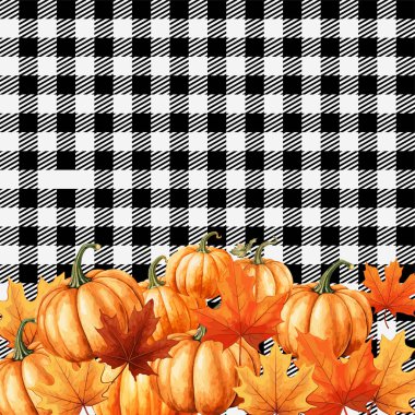 Ekose üzerinde sonbahar portakal kabakları. Sonbahar için mükemmel, Şükran Günü, Cadılar Bayramı, tatiller, kumaş, tekstil. Kusursuz tekrarlama kumaşı