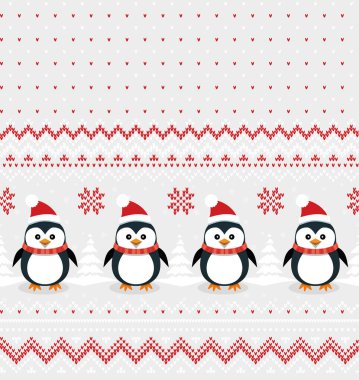 Noel ve Yeni Yıl desenini penguene ördü. Yün örgü süveter tasarımı. Duvar kağıdı ambalaj kağıdı tekstil baskısı.