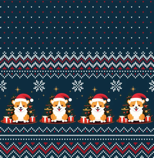 Gestricktes Weihnachts Und Neujahrsmuster Corgi Hund Mit Weihnachtsmütze Strickpullover Design — Stockvektor