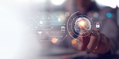 Dünya ikonuna dokunmak, küresel internet ağı üzerinden büyük verilere ulaşmak. Çevrimiçi işlemler, bilgi arama, çevrimiçi pazarlama için