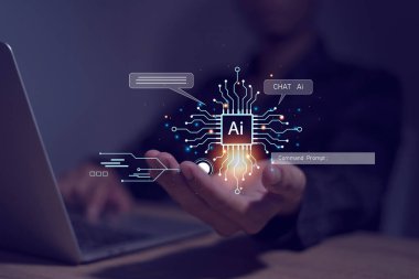 İş adamları dünyanın her yerinde internete bağlanmak gibi grafikler gösteriyorlar. Yapay zeka yapay zeka ile sohbet ediyorlar. Yaban domuzu.
