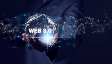 Web 3.0 İşadamı 'nın eli dünya ile ağ 3.0' ı gösteriyor. Küresel ağ teknolojisi, İnternet sitesi geliştirme.