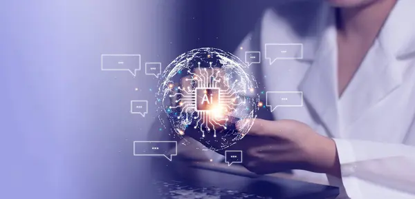 Chatbot, akıllı robot teknolojisi kullanarak iş adamı muhabbeti yapıyor. Verileri analiz etmek ve bir şey yaratmak için komutları girin. Yapay zeka, yapay zeka, gelecekteki teknoloji değişiklikleri..
