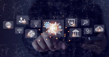 Çevrimiçi ağ ve küresel bağlantı için el ele tutuşmak yapay zeka yeniliği ve teknolojisi