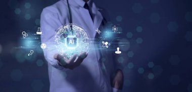 Doktor gelecekte tanı, bakım ve doğruluk derecesi artan hasta tedavisi için yapay zeka robotları kullanıyor. Tıbbi araştırma ve geliştirme yenilik teknolojisi