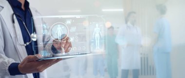 Tıbbi teknoloji sanal gerçeklik arayüzü üzerinde doktor teşhisi ve dijital sağlık hizmeti ve ağ bağlantısı