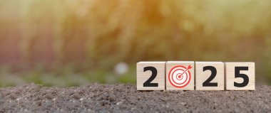 2025 için iş planlama. 2025 harfli ahşap küpleri yeşil arka planlı kilde..