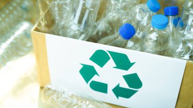 Üzerinde yeşil geri dönüşüm sembolü olan plastik bir kutu. Şişelerin hepsi farklı boyutlarda ve renklerde.