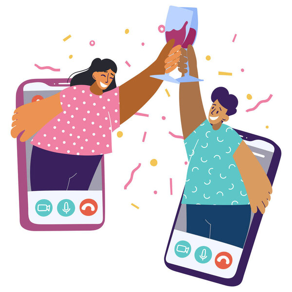 Two people leaned out of the screens of smartphones and clink glasses. The concept of relationships at a distance, self isolation, online communication