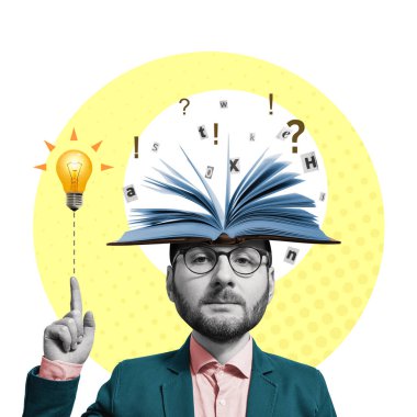 Kafasında açık bir kitap ve yeni bir fikrin metaforu olarak bir ampul var. Sanat kolajı.