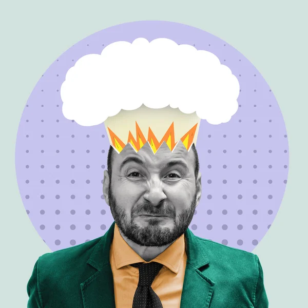 Art Collage Met Een Boze Man Emotionele Explosie Overwerk Concept — Stockfoto
