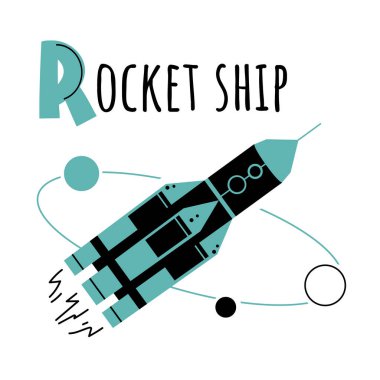 Harf R ve Roket gemisi. Çocuklar için ABC posteri. İngilizce öğrenen çocuklar için roket gemisi