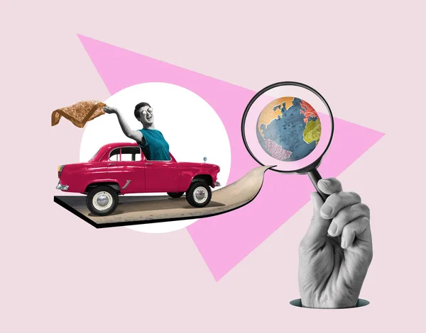 車で世界を旅する 美術コラージュ — ストック写真
