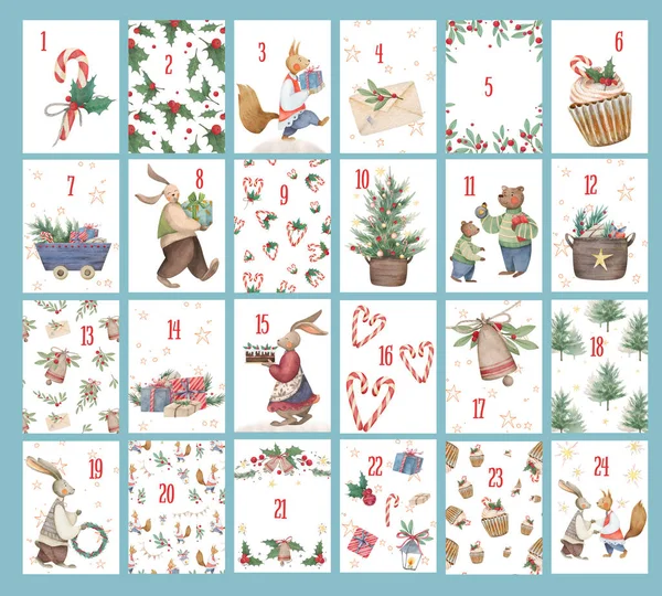 Christmas Advent Calendar Watercolor Illustration Set Cute Christmas Cards — Stock Photo, Image