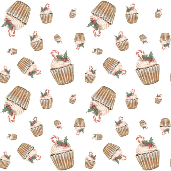 Christmas Watercolor Seamless Pattern Cupcakes Decorated Candy Canes Holly Leaves — Stock Photo, Image