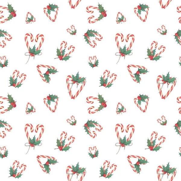Christmas watercolor seamless pattern with candy canes and holly leaves