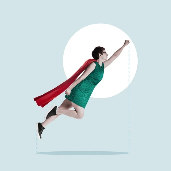 Super Herói Uma Capa Corre Para Resgate Colagem Arte — Fotografia de Stock