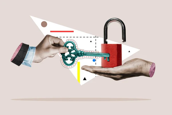 Hand Key Opens Lock Art Collage — Zdjęcie stockowe