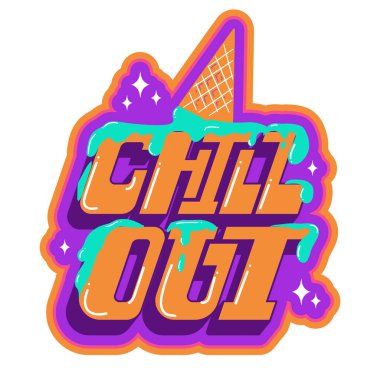 Chill out. Colorful hand drawn lettering with ice cream. Bright sticker, stripe, logo for t-shirt, messenger, social networks and others clipart