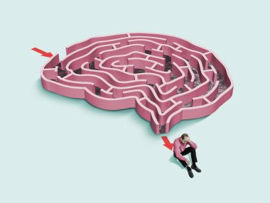 Anatomy of the human brain, mental problems and their solution. Art collage.