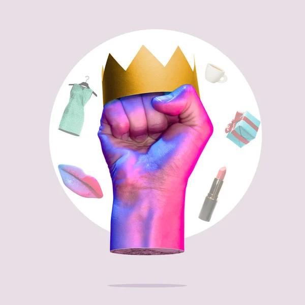 Womans hand with a crown in neon light. Art collage.