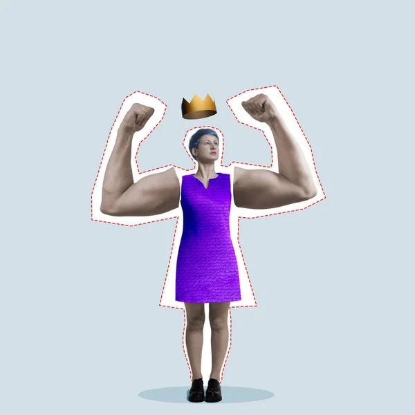 Kvinna Med Stora Biceps Och Krona Över Huvudet Konstkollage — Stockfoto