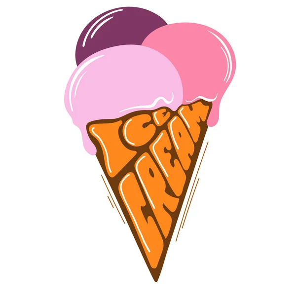 Sample Vector Illustration Ice Cream Cone Three Scoops Inscribed Lettering — Stock Vector