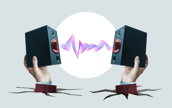 Zwei Lautsprecher Menschenhand Mit Schallwelle Dazwischen — Stockfoto