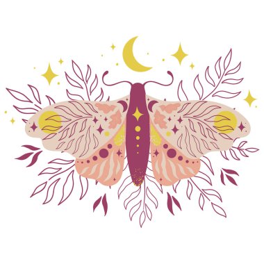 Kelebek gece güvesi. Dal dalları, yıldızlar. Güzel vektör simetrik boho izi, dövme çizimi