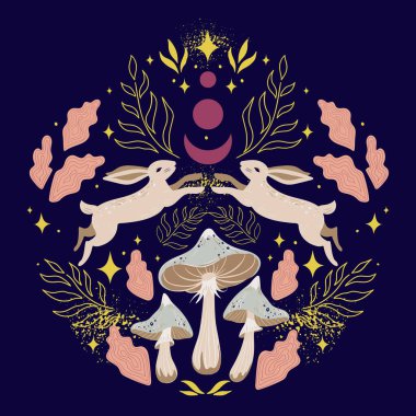 Tavşanlar, mantarlar, dallar, yapraklar, yıldızlar, hilal ve koyu arkaplanda peri tozu olan sihirli orman vektörü orman simetrik deseni