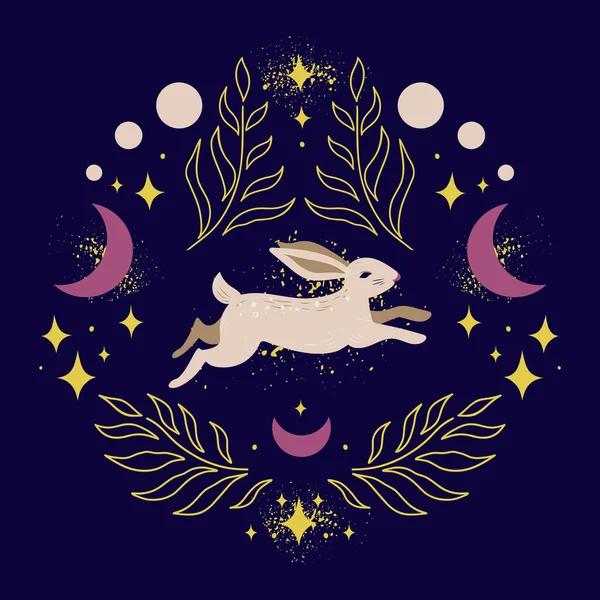 Hare Kanin Symmetrisk Ram Kvistar Med Halvmåne Stjärnor Och Älva — Stock vektor