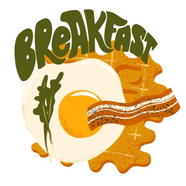 Kahvaltıda. Belçika waffle 'ı, kızarmış yumurta, pastırma ve roka yaprakları. Kahvaltı menüsü, yüzücüler veya posterler ve diğerleri için geçmişe dönük resim.