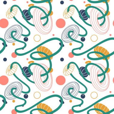 Ağırlıksız geometrik şekillerde süzülen minimalist geometrik vektörsüz şablon, iplik gibi bir ipliğe bağlı kütle halkaları. Gelecekçi geçmişe dönük arkaplan