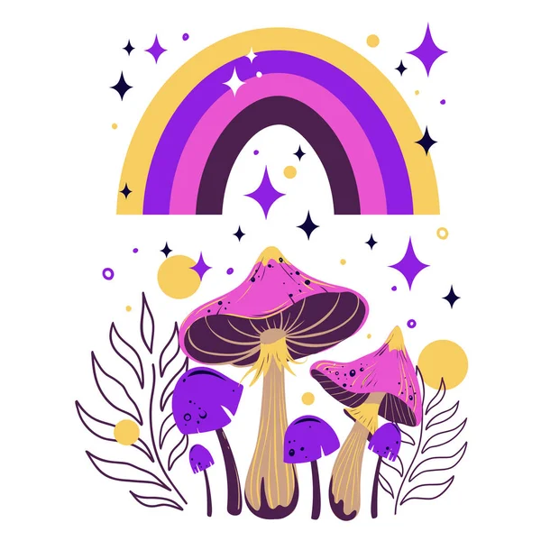 Bright Vector Poster Rainbow Mushrooms Twigs Glitter Stars Mushroom Spores — Stock Vector