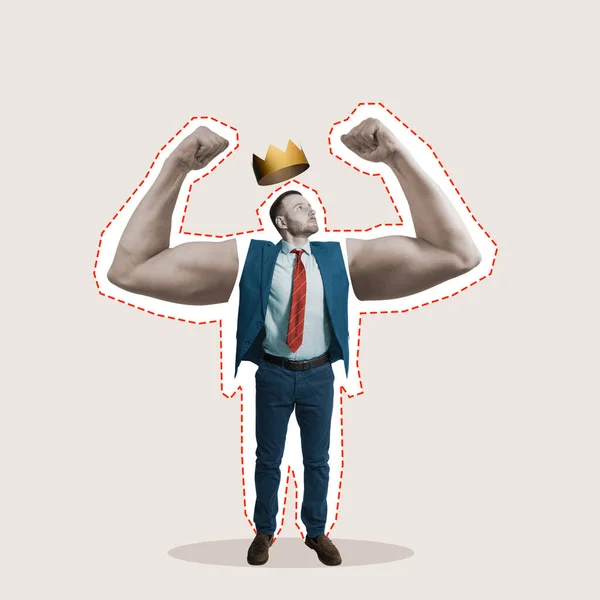 Hombre Con Bíceps Grandes Una Corona Sobre Cabeza Collage Arte —  Fotos de Stock