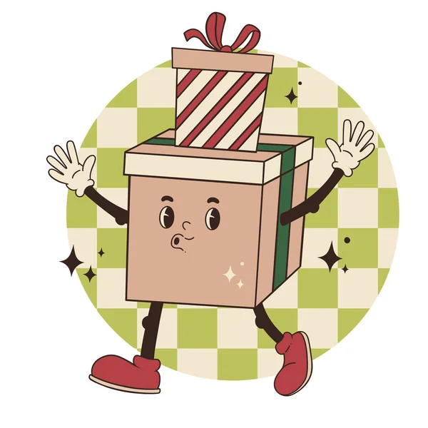 Caja Regalo Estupenda Mascota Sobre Fondo Retro Ilustración Vector Navidad — Vector de stock