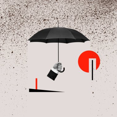 Sorunlardan korunmak için şemsiyenin altına saklan. Sanat kolajı.