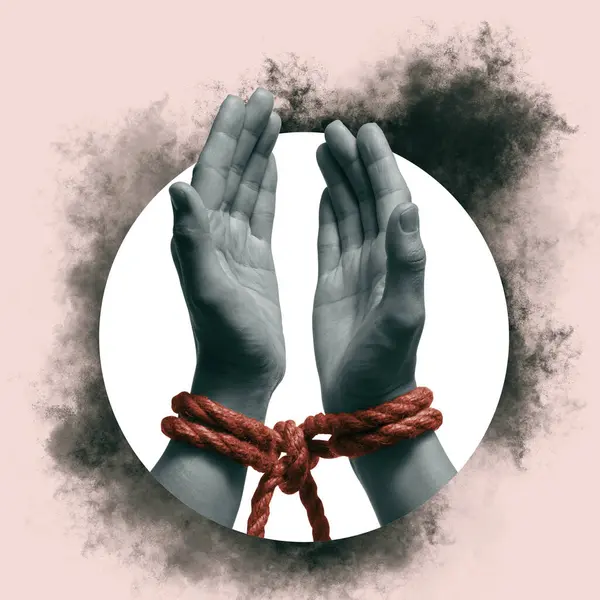 Women\'s hands tied tightly with rope. Art collage.