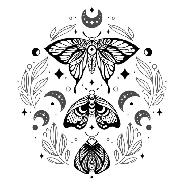 Kelebeklerin sihirli tek renkli desenleri gece kelebekleri ve dallar, hilal, yıldızlar ve beyaz arka planda peri tozu. Vektör simetrik boho izi, dövme çizimi