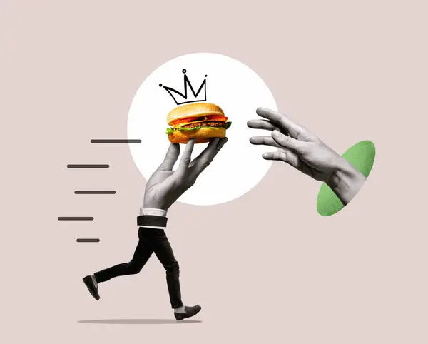 Running hand with burger, art collage.